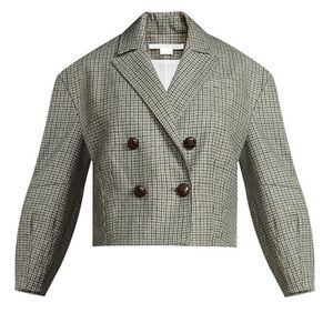 Veronica Beard Sybille Cropped Tailored Houndstooth Wool Blend Jacket Blazer